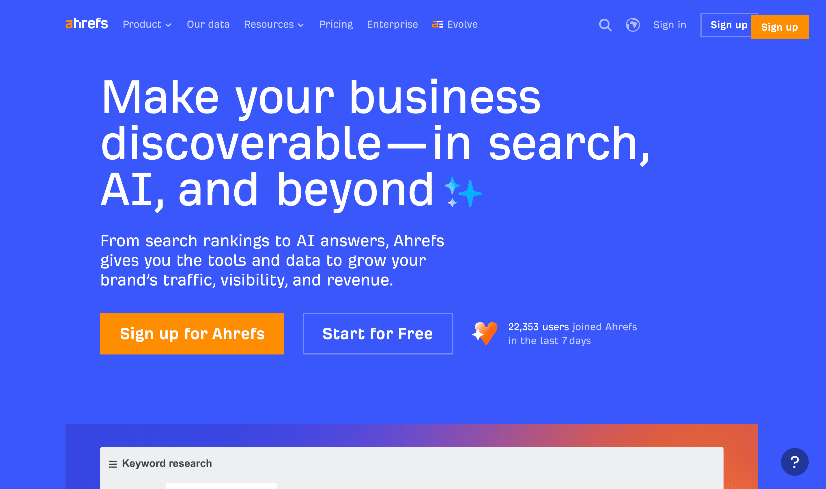 Trang chủ Ahrefs — bộ công cụ SEO chuyên về phân tích backlink, nghiên cứu từ khóa và audit kỹ thuật