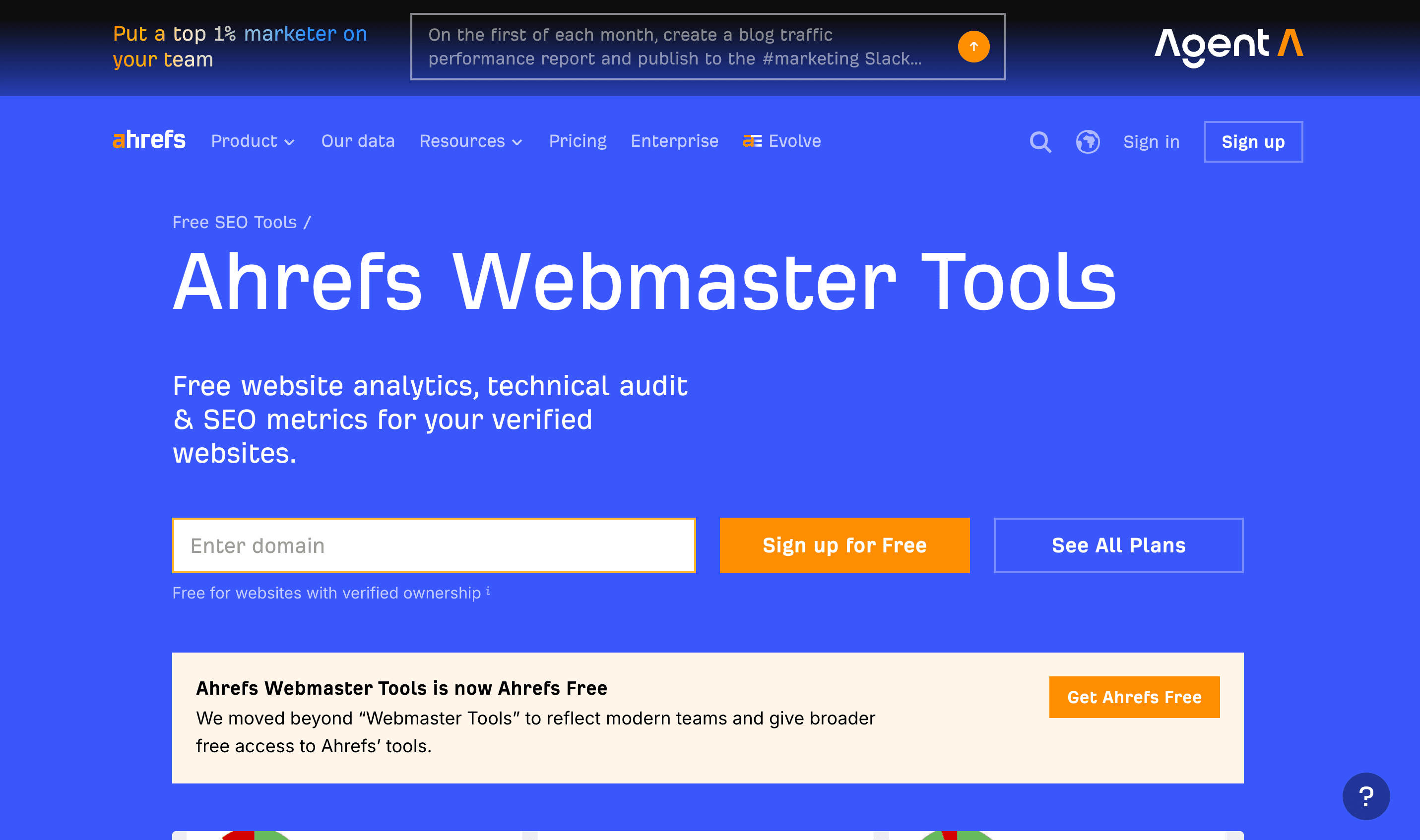 Trang chủ Ahrefs Webmaster Tools — công cụ miễn phí để kiểm tra kỹ thuật và theo dõi backlink cho chủ website