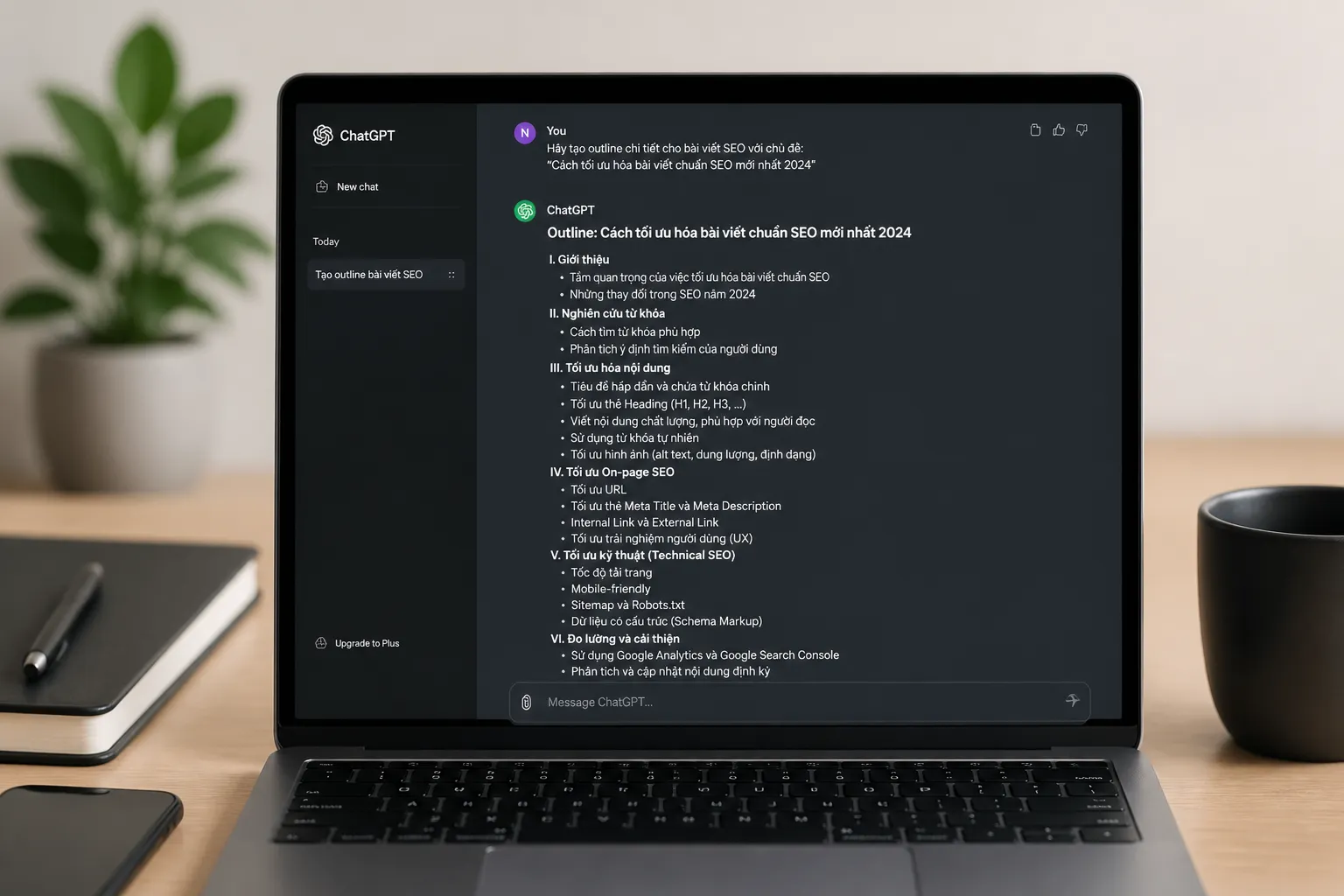 ảnh chụp màn hình ví dụ prompt tạo outline và kết quả