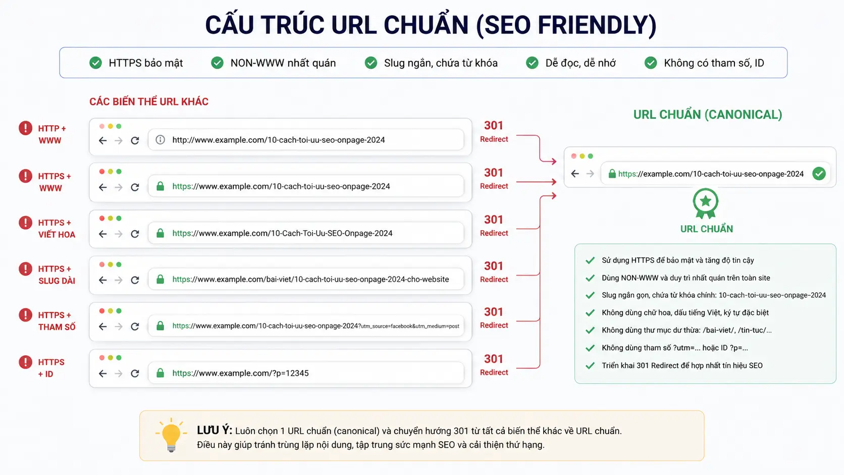 Mô phỏng cấu trúc URL chuẩn SEO: https nhất quán, slug ngắn có từ khóa và mũi tên 301 redirect từ các biến thể URL