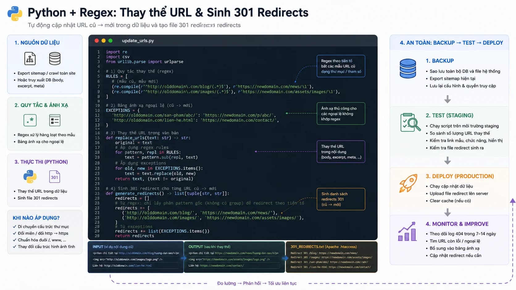Đoạn mã Python dùng regex để thay thế URL hàng loạt và tạo file 301 redirects, với chú thích quy trình backup → test → deploy