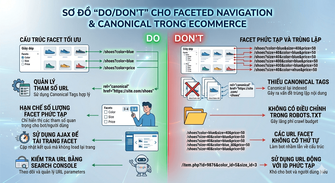 Sơ đồ “do/don’t” cho faceted navigation và canonical trong eCommerce
