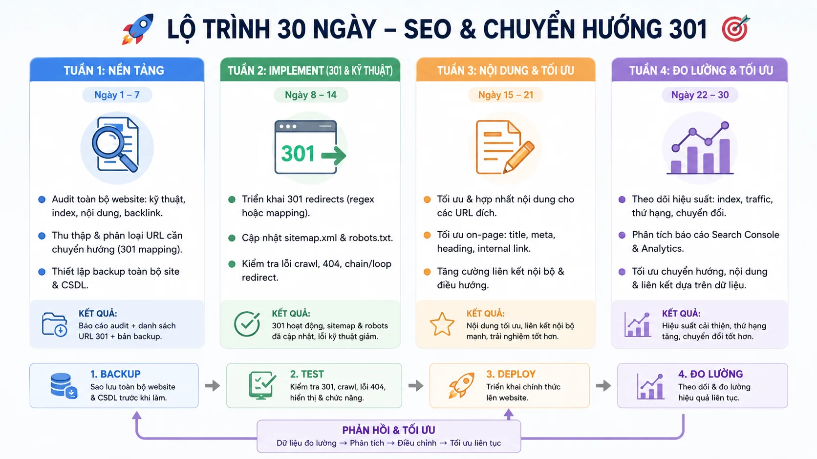 Lịch 30 ngày lộ trình SEO Onpage với mỗi tuần gạch đầu dòng 3 nhiệm vụ chính và mũi tên phản hồi từ đo lường về tối ưu