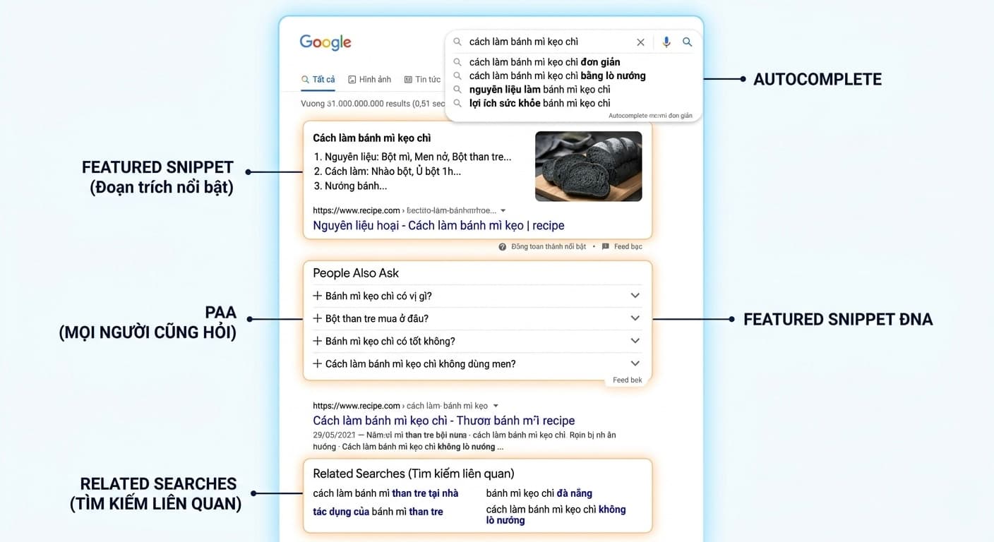 Minh họa SERP với các khu vực: Autocomplete, PAA, Featured Snippet, Related Searches
