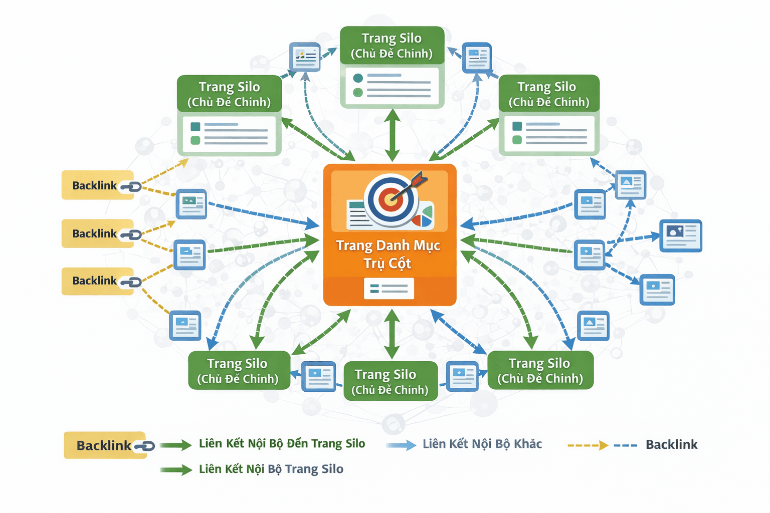 Sơ đồ kiến trúc AI SEO agent kết nối các nguồn dữ liệu, bộ xử lý và điểm kiểm duyệt trước khi triển khai
