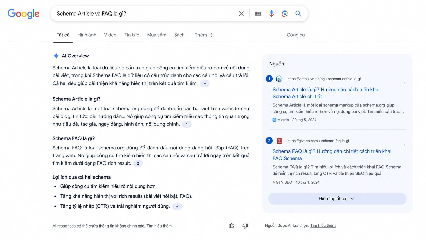 Màn hình mô phỏng AI Overview hiển thị nguồn trích dẫn có Schema Article và FAQ đúng chuẩn — minh họa liên kết giữa nội dung hỏi–đáp và trích dẫn AI