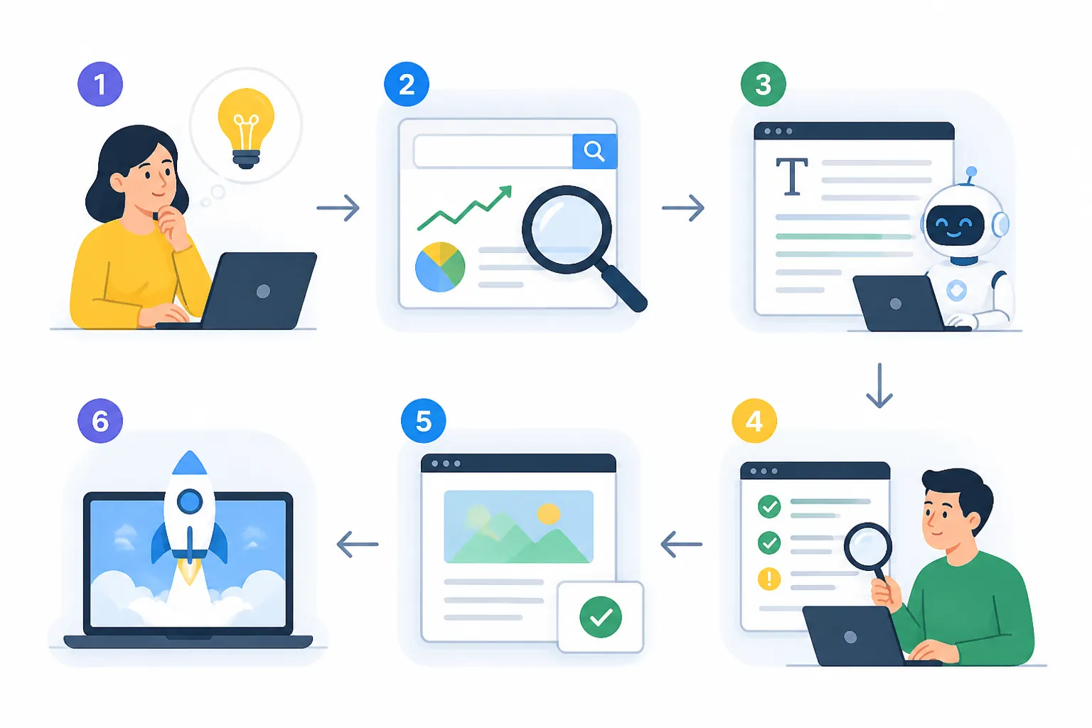 sơ đồ 6 bước quy trình AI viết SEO từ ý tưởng đến xuất bản