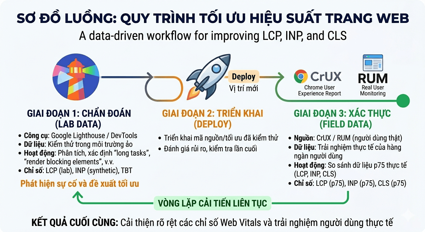 Sơ đồ luồng: Lab (Lighthouse) để chẩn đoán -> Deploy -> Field (CrUX/RUM) để xác thực