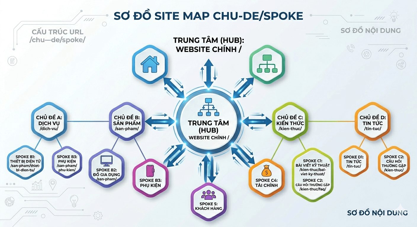 Sơ đồ site map với hub ở mức 1, các spoke ở mức 2 theo cấu trúc /chu-de/spoke