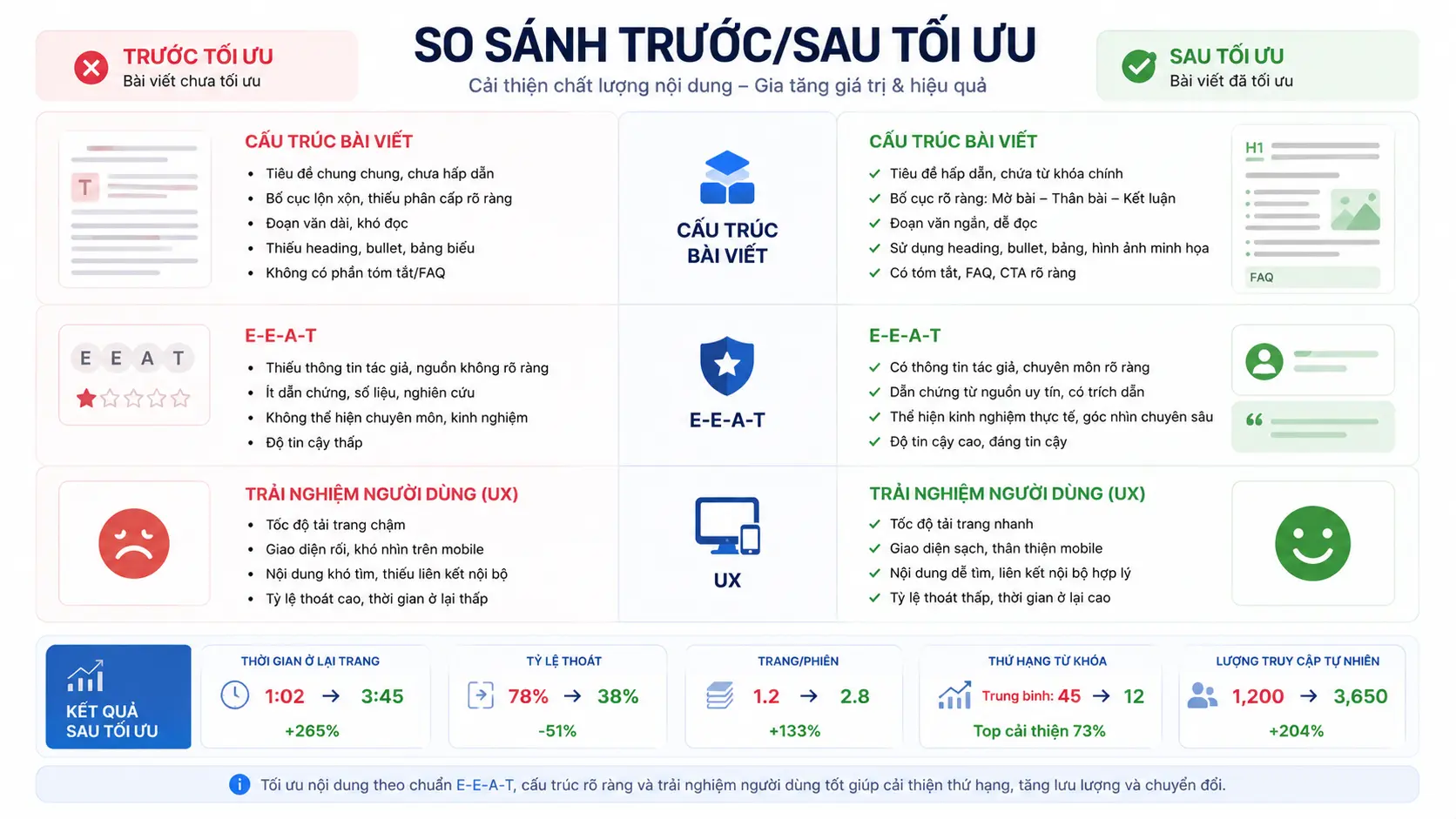 Bảng so sánh trước và sau khi tối ưu một bài viết về cấu trúc nội dung, tín hiệu E-E-A-T và trải nghiệm người dùng (UX)