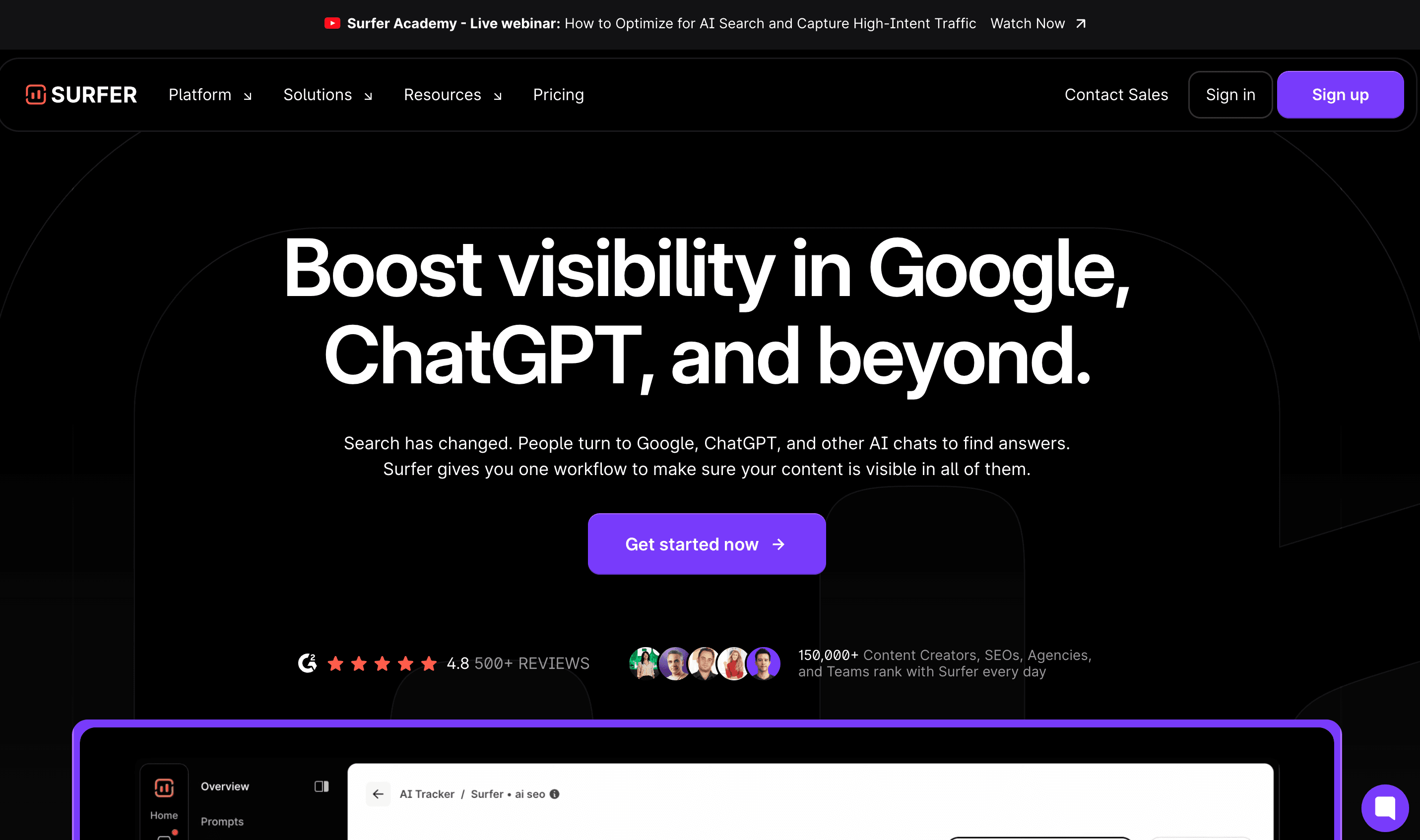 Trang chủ Surfer SEO — công cụ tối ưu nội dung data-driven dựa trên phân tích SERP và chấm điểm NLP