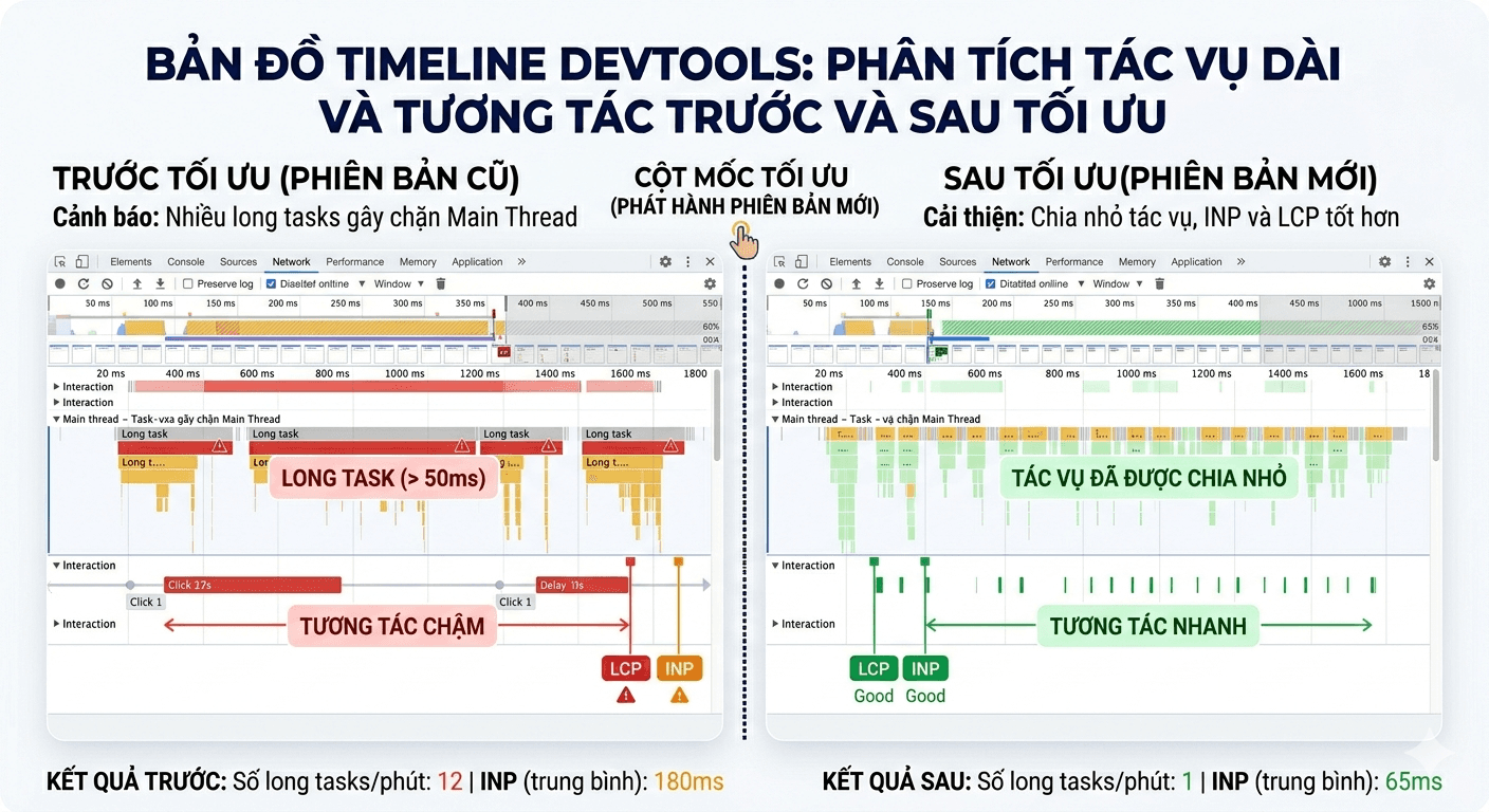 Timeline DevTools đánh dấu long tasks và tương tác chậm, trước/sau tối ưu