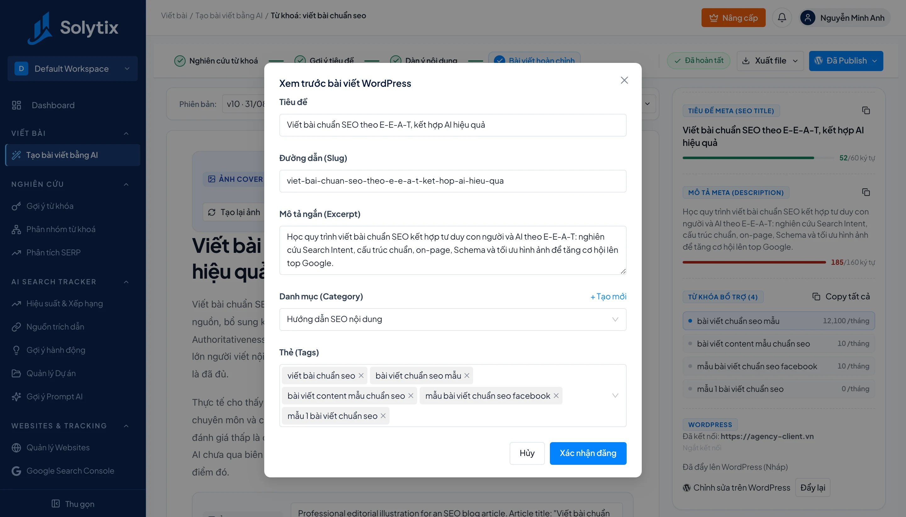 Màn hình xuất bản bài viết lên WordPress của Solytix